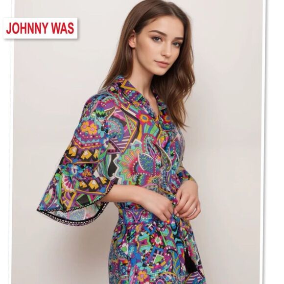 Johnny Was Demarne Ruffle Sleeve Tunic Shirt Top R24924 XS Multi Boho Chic - Picture 6 of 16